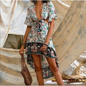 Hi-low Floral Front tie Cutout Maxi Dress Open Back Tie Front Fairy Whimsical S